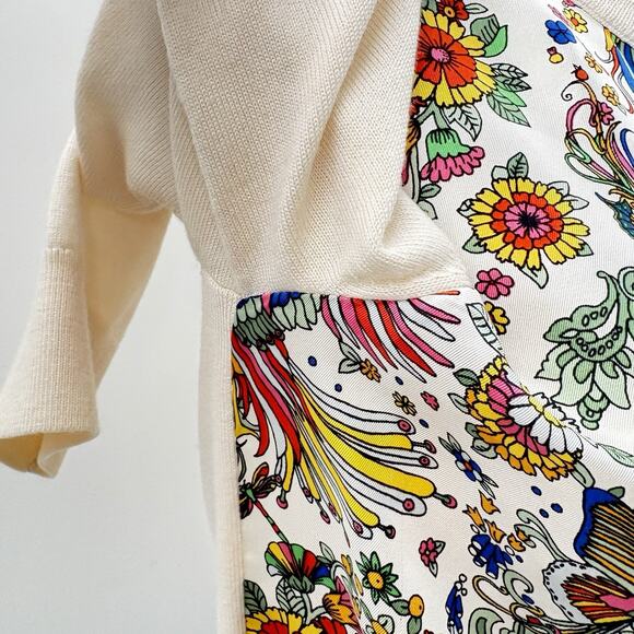 Tory Burch Silk Front Wool Cardigan Sweater Floral Peacock Cream Button-up READ - Picture 10 of 16